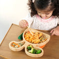 Load image into Gallery viewer, a girl with tabbit the rabbit bamboo suction plate with cutlery from purely mama