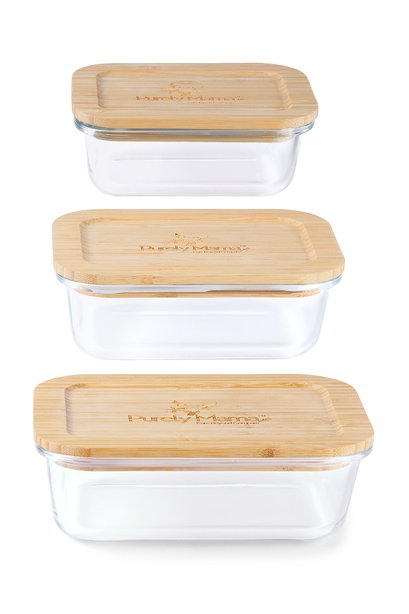 Purely Mama Bamboo Lid Glass Containers Set of 3 Airtight Food Storage, 640ml 1050ml 1520ml, Plastic Free, BPA Free, Microplastic Safe