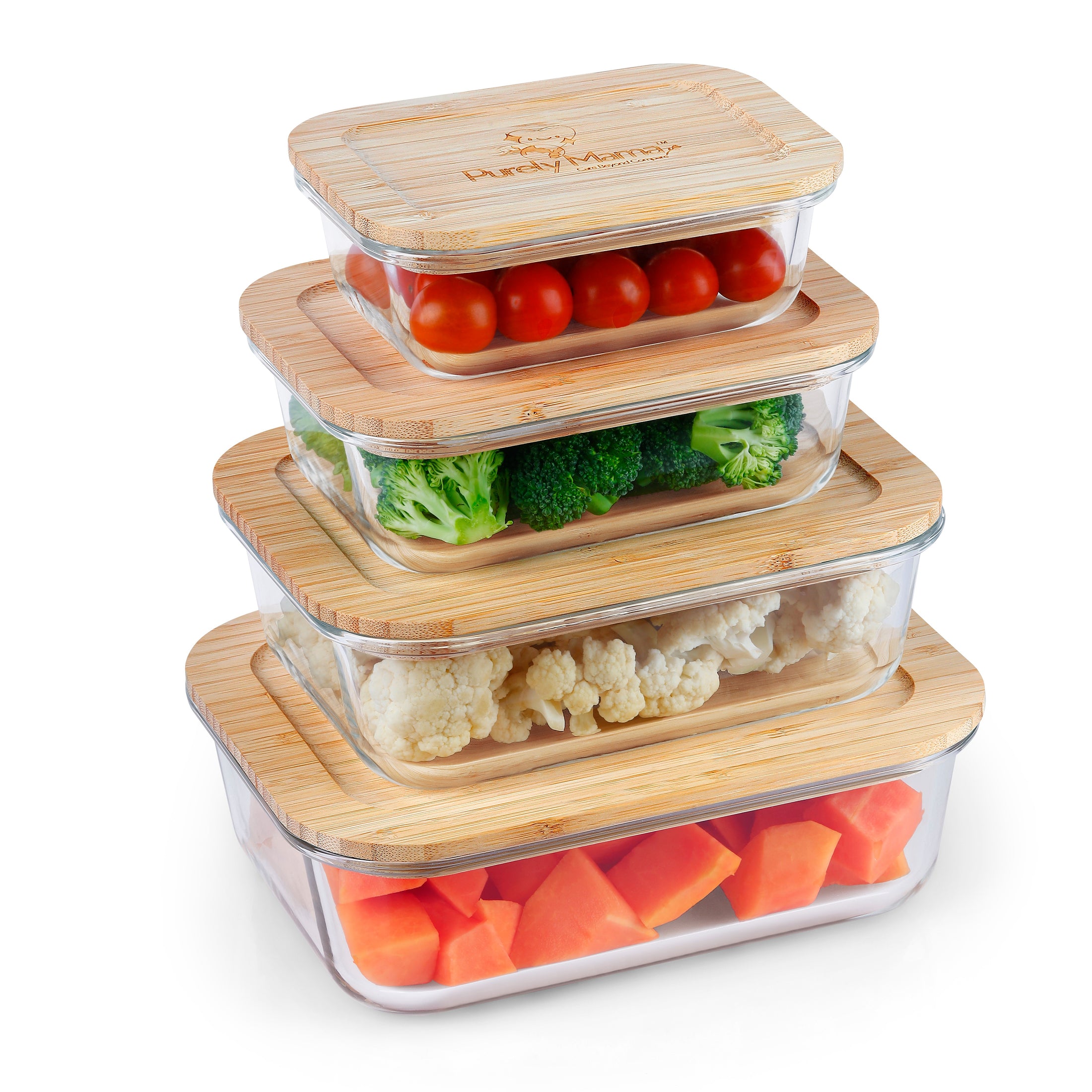 Purely Mama Bamboo Lid Glass Containers for Kitchen, Airtight Food Storage Set of 4 for Fridge, Oven, Meal Prep and Leftovers, Plastic Free and Microplastic Safe