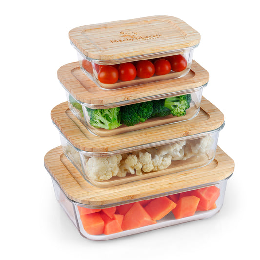 Purely Mama Bamboo Lid Glass Containers for Kitchen, Airtight Food Storage Set of 4 for Fridge, Oven, Meal Prep and Leftovers, Plastic Free and Microplastic Safe