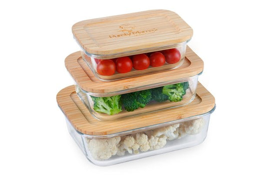 Purely Mama Bamboo Lid Glass Containers Set of 3 Airtight Food Storage, 640ml 1050ml 1520ml, Plastic Free, BPA Free, Microplastic Safe