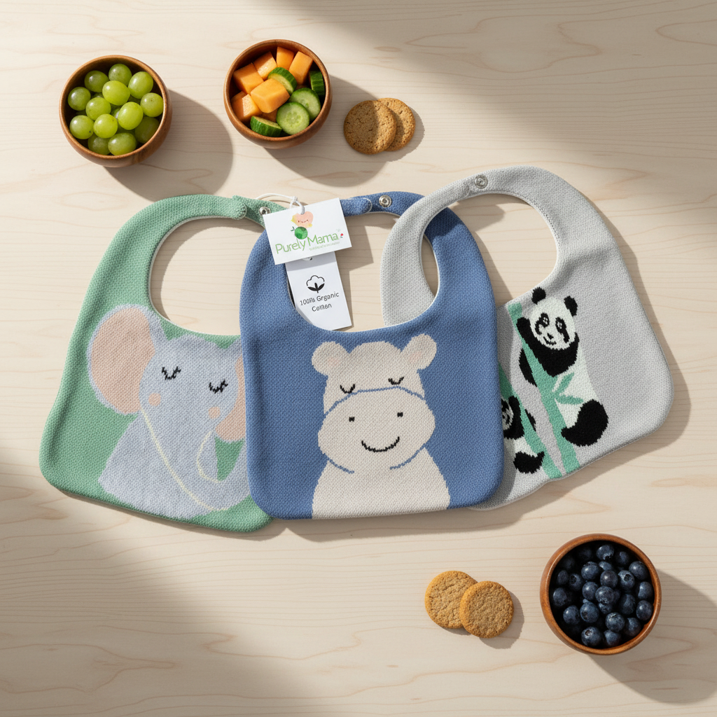 Purely Mama 100% Organic Cotton Baby Bibs – Set of 3 (Elephant | Hippo | Panda)