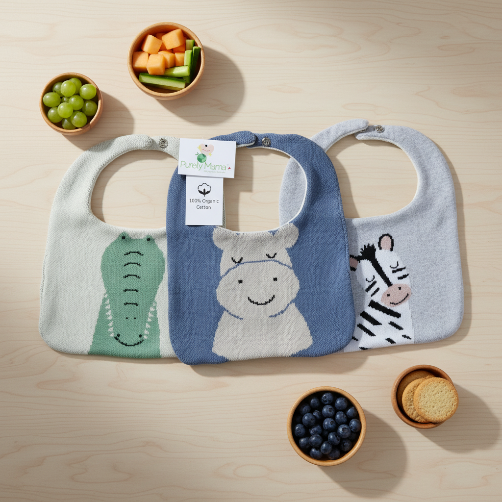 Purely Mama 100% Organic Cotton Baby Bibs – Set of 3 (Crocodile | Hippo | Zebra)