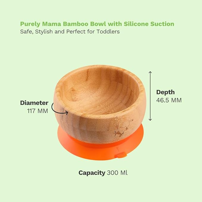 Purely Mama’s Bamboo Suction Bowl, Eco Friendly Baby Feeding Bowl, BPA Free, for 6 to 24 Month Old Babies
