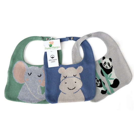 Purely Mama 100% Organic Cotton Baby Bibs – Set of 3 (Elephant | Hippo | Panda)