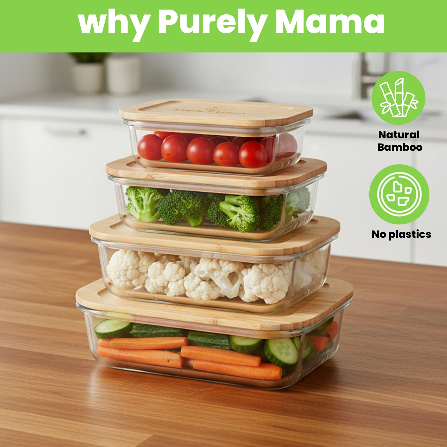 640ml 1050ml 1520ml, Glass Food Container Set with Bamboo Lid !!