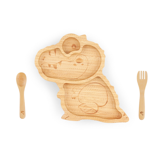 Big tooth the dinosaur - the bamboo suction plate with cutlery from purely mama for kids and toddlers