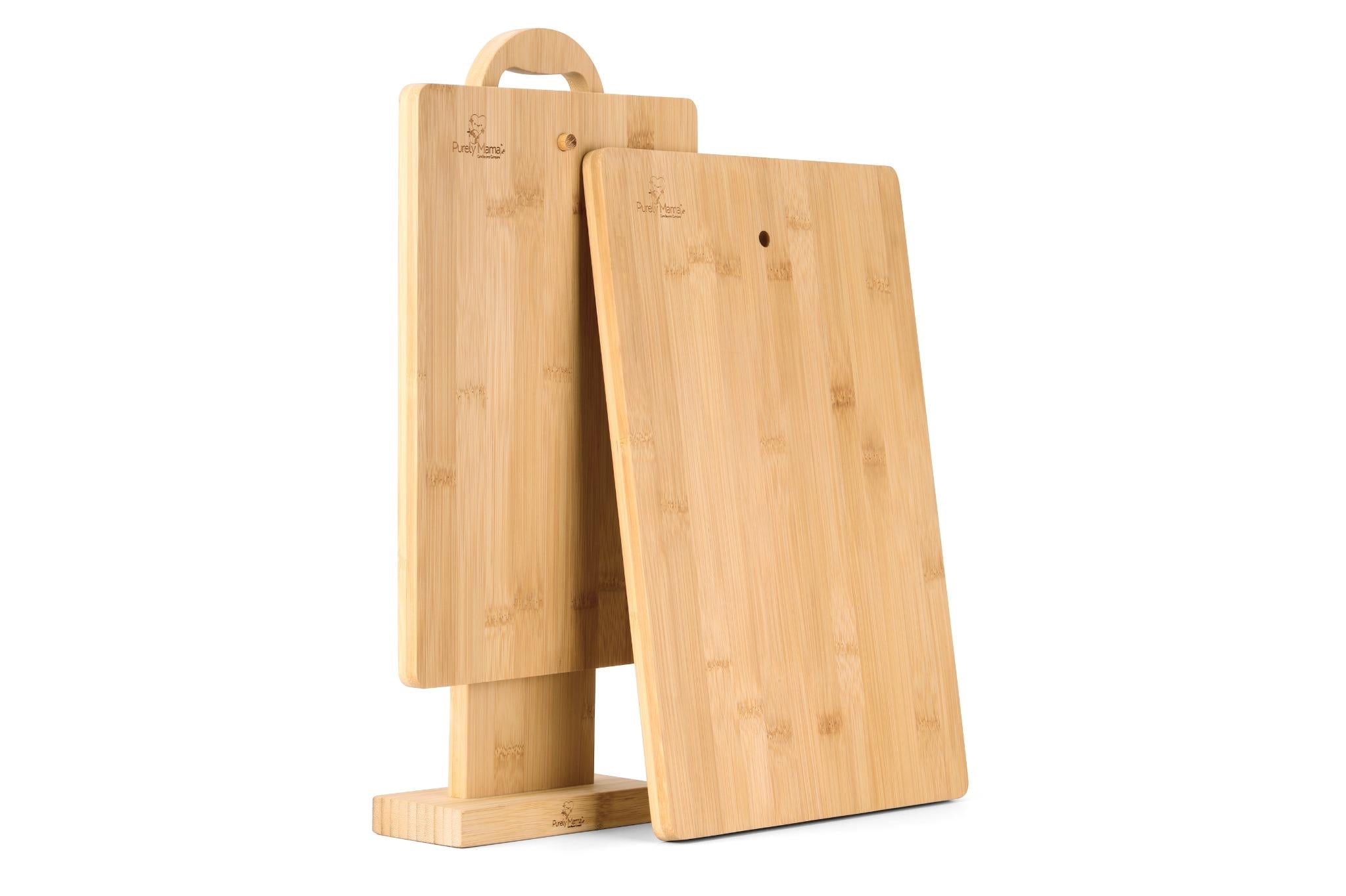 Purely Mama Bamboo Wooden Chopping Board Set of 2 with Stand, Large Vegetable Cutting Board for Kitchen Use, Microplastic Free, Eco Friendly and Durable
