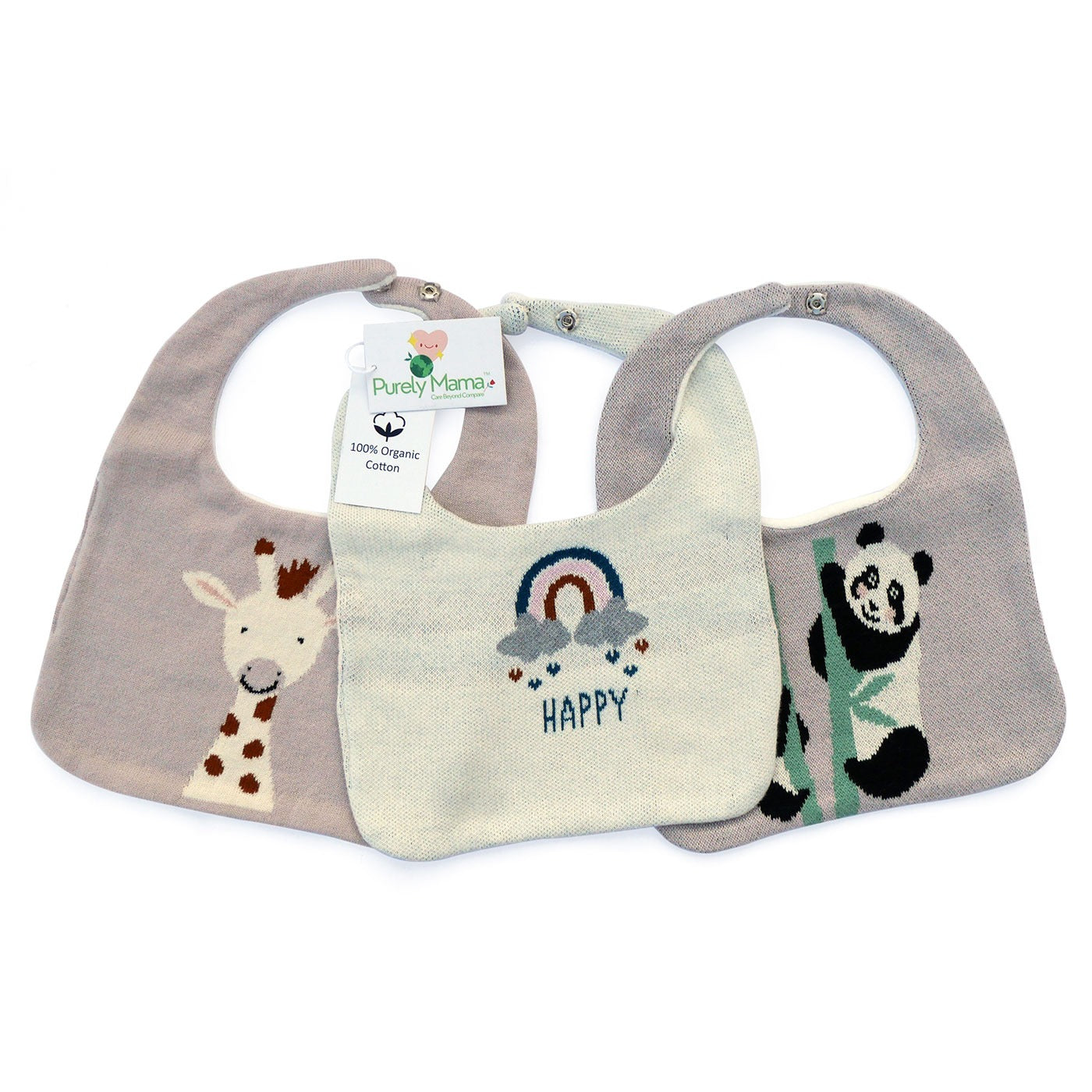Purely Mama 100% Organic Cotton Baby Bibs Set – Pack of 3 (Giraffe | Rainbow | Panda)