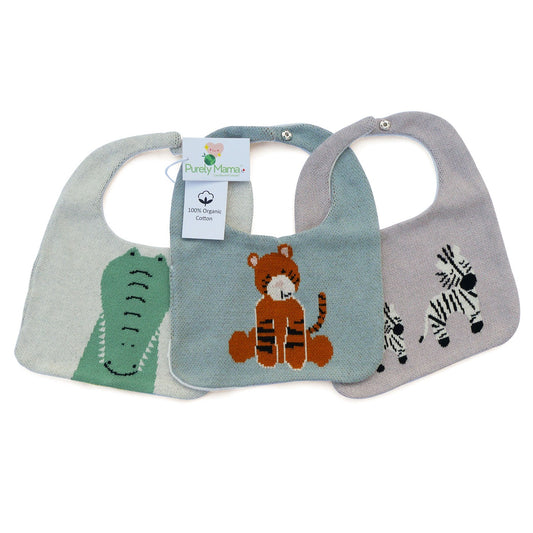 Purely Mama 100% Organic Cotton Baby Bibs – Set of 3 (Tiger | Zebra Family | Crocodile)