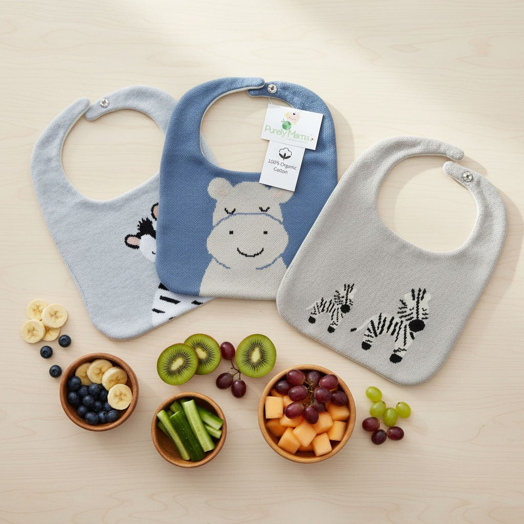 Purely Mama 100% Organic Cotton Baby Bibs – Set of 3 (Zebra | Hippo | Zebra Family)