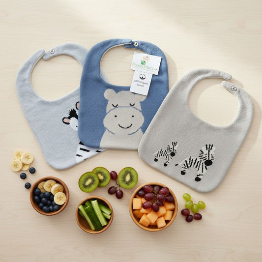 Purely Mama 100% Organic Cotton Baby Bibs – Set of 3 (Zebra | Hippo | Zebra Family)
