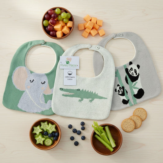 Purely Mama Organic Cotton Baby Bibs for Boys & Girls – Set of 3 (Elephant, Crocodile & Panda)