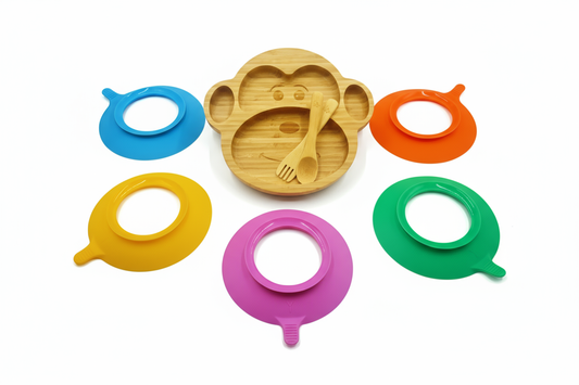 Bamboo Plate and Cutlery Set with 5 Suction Rings For Toddler and Kids Led Weaning | 8 Piece Set | Monkey Shape - BPA free, Micro Plastic Free | Eco Friendly | Secure Suction Ring For Toddler Led Weaning- Coby The Monkey, from Purely Mama.