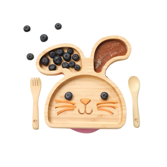 Bamboo Plate and Cutlery Set with 5 Suction Rings For Toddler and Kids Led Weaning | 8 Piece Set | Rabbit Shape - BPA free, Micro Plastic Free | Eco Friendly | Secure Suction Ring For Toddler Led Weaning- Tabbit the Rabbit, from Purely Mama.