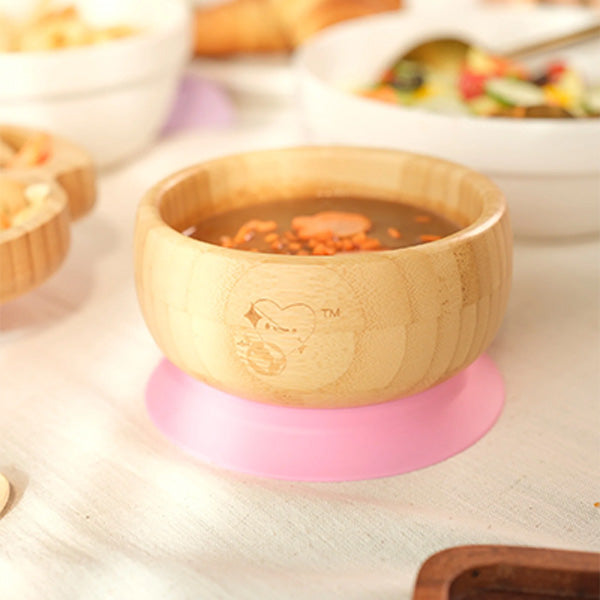 Bamboo Bowl With Suction- Pink