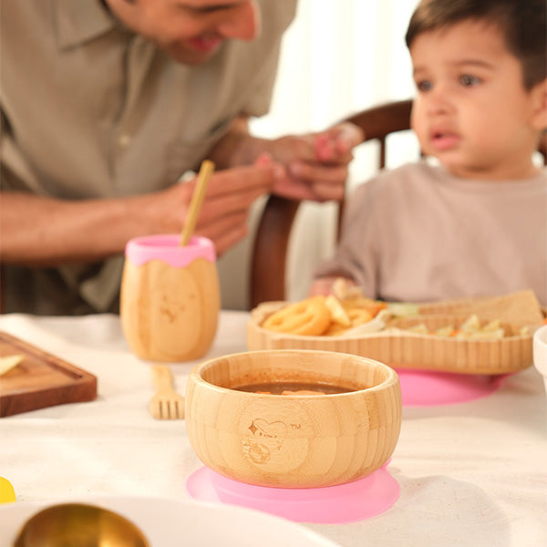 Bamboo Bowl With Suction- Pink