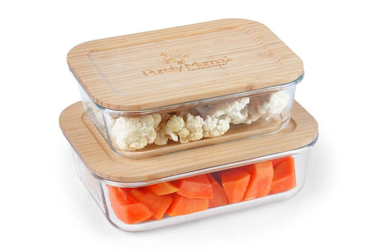 Purely Mama Bamboo Lid Glass Containers Set of 2 Airtight Food Storage, 370ml and 640ml, Plastic Free, BPA Free, Microplastic Safe