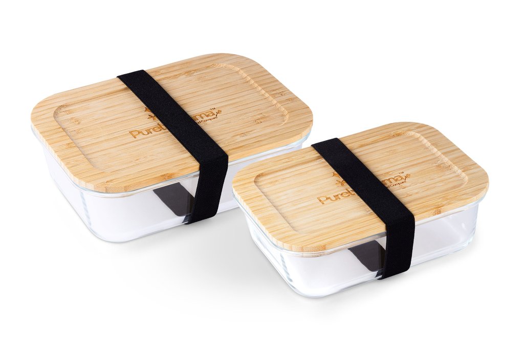 Purely Mama Bamboo Lid Glass Containers Set of 2 Airtight Food Storage, 370ml and 640ml, Plastic Free, BPA Free, Microplastic Safe