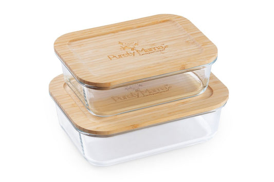 Purely Mama Bamboo Lid Glass Containers Set of 2 Airtight Food Storage, 370ml and 640ml, Plastic Free, BPA Free, Microplastic Safe
