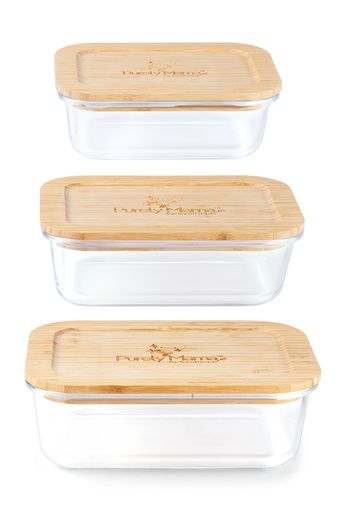Purely Mama Bamboo Lid Glass Containers Set of 3 Airtight Food Storage, 370ml 640ml 1050ml, Plastic Free, BPA Free, Microplastic Safe
