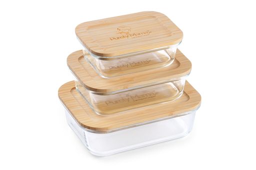 Purely Mama Bamboo Lid Glass Containers Set of 3 Airtight Food Storage, 370ml 640ml 1050ml, Plastic Free, BPA Free, Microplastic Safe