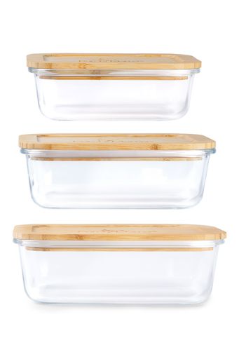 Purely Mama Bamboo Lid Glass Containers Set of 3 Airtight Food Storage, 370ml 640ml 1050ml, Plastic Free, BPA Free, Microplastic Safe