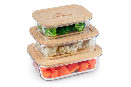 Purely Mama Bamboo Lid Glass Containers Set of 3 Airtight Food Storage, 370ml 640ml 1050ml, Plastic Free, BPA Free, Microplastic Safe