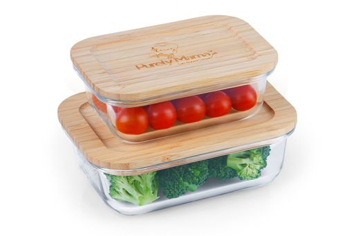 Purely Mama Bamboo Lid Glass Containers Set of 2 | Airtight Borosilicate Storage for Kitchen, Fridge & Oven | 1050ml & 1520ml | Plastic Free, Leakproof, Meal Prep & Microplastic Safe